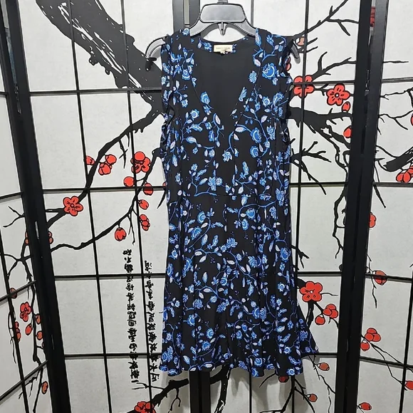 Rebecca Taylor Sleeveless Silk Black and Blue Floral Midi Dress Size 4 - Picture 2 of 8